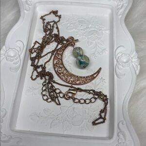 Antique Copper and Green Calcite Filigree Moon Talisman